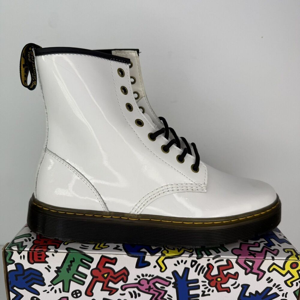 Dr Martens White Zavala Patent Combat Boot‎ Lace Up AW004 Women's Size 10 Mens 9